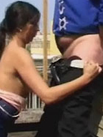 Teen brunette receives a chunky senior cumload in her throat